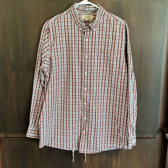 Duluth Trading Brown Blue Long Sleeve Button Front Large Tall LT - Picture 1 of 3